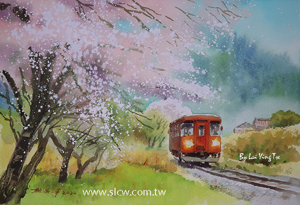A Railway with sakura blossoms in Japan 日本賞櫻鐵道_painted by Lai Ying-Tse